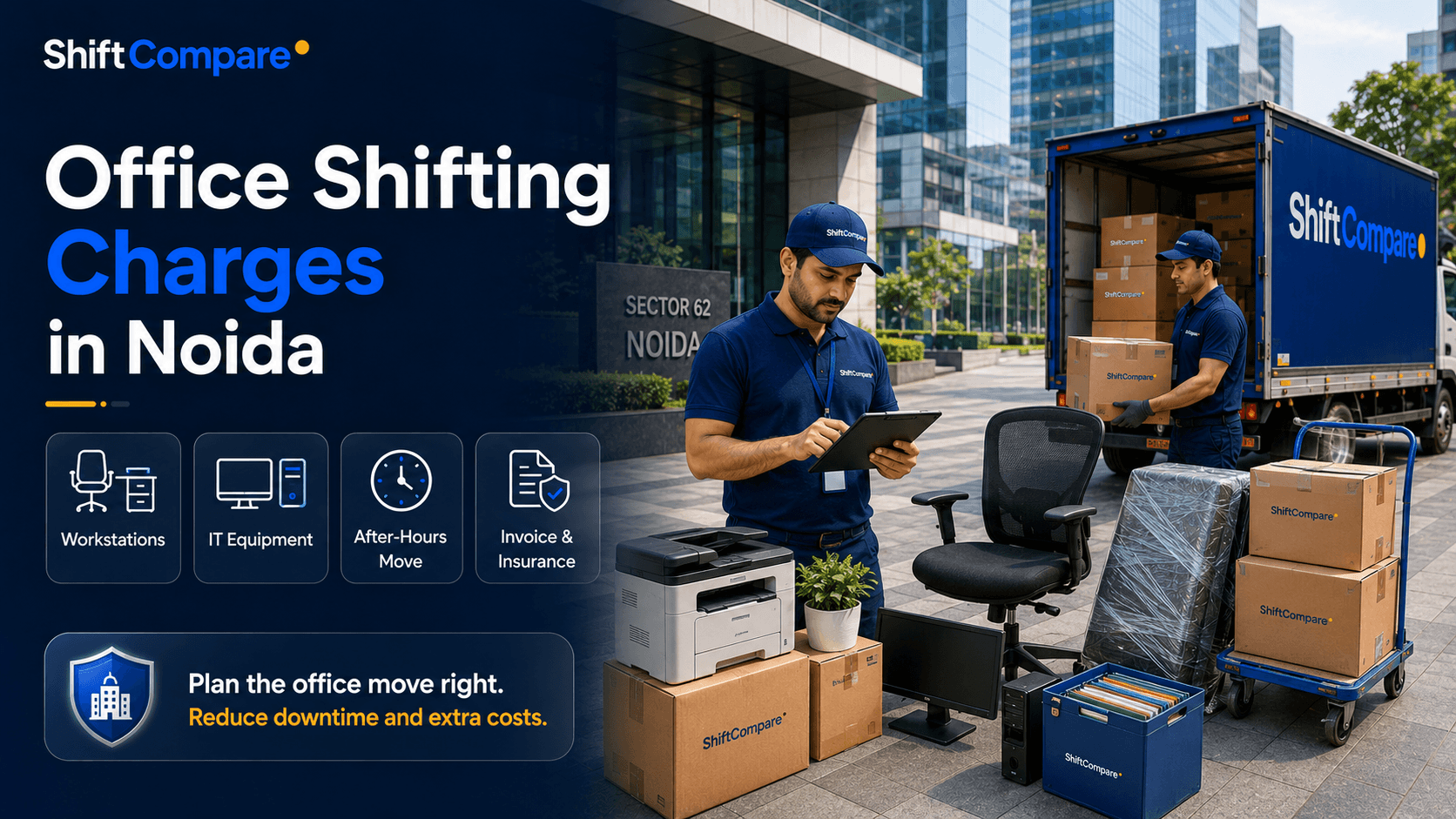 Office shifting charges in Noida by seat count, IT packing and downtime planning